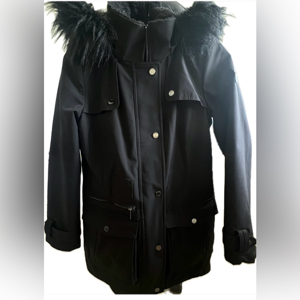 DKNY Black Parka with Faux Fur Hood - Like New (Size Small)